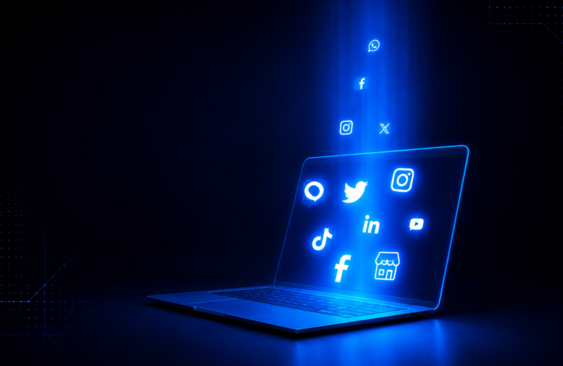 Notebook com ícones de redes sociais