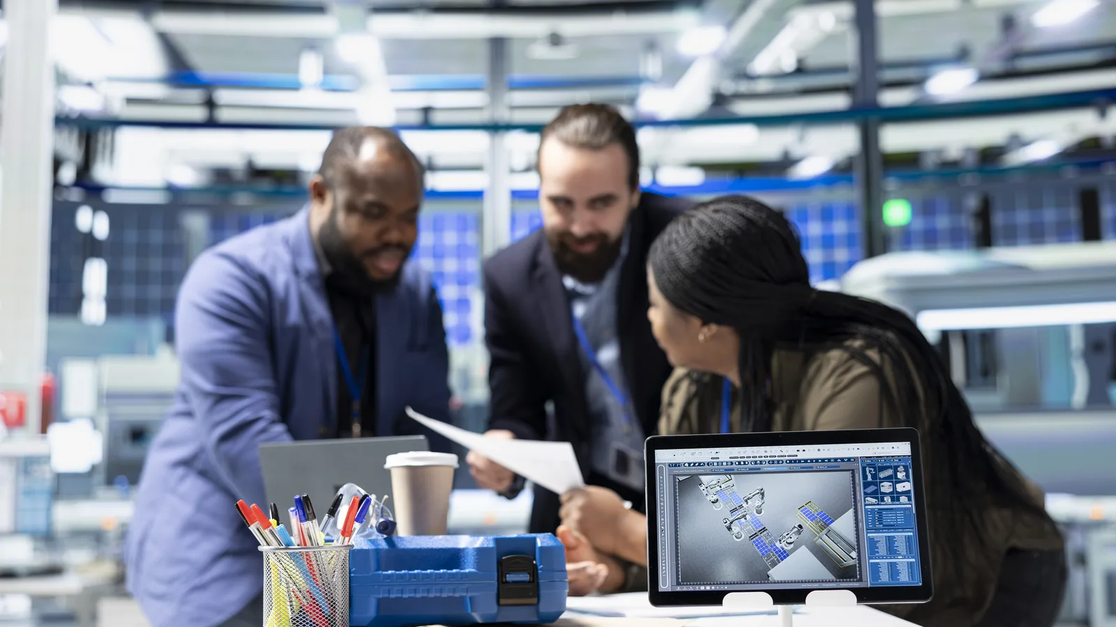 Ágora Tech Park em Joinville: o que é e quem está lá 3 Equipe técnica industrial discutindo um projeto com desenho CAD na tela