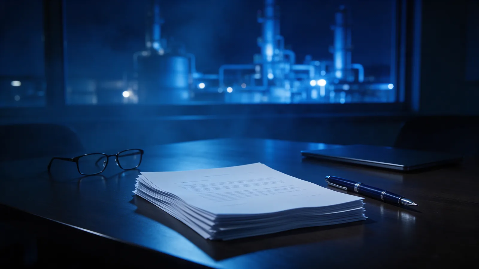 Atestado de capacidade técnica: o que é e como obter 4 Minuta de atestado de capacidade técnica impressa sobre a mesa, pronta para o cliente conferir e assinar, com a planta industrial ao fundo