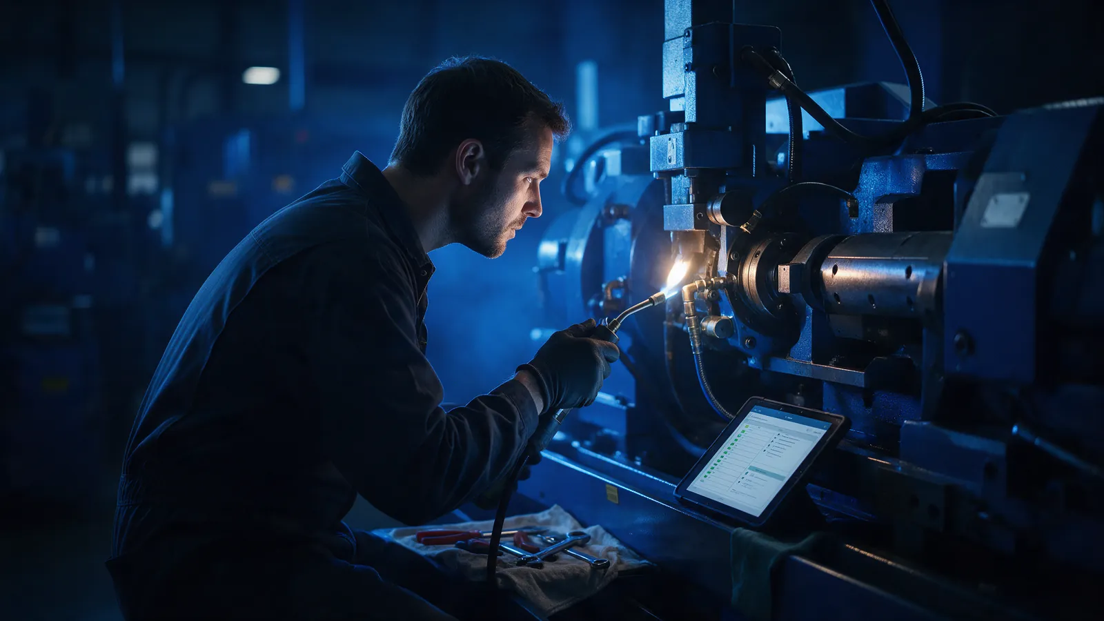 Plano de manutenção preventiva: como montar 4 Técnico executando inspeção programada com checklist no tablet: plano de manutenção preventiva que não vira ordem de serviço não sai do papel
