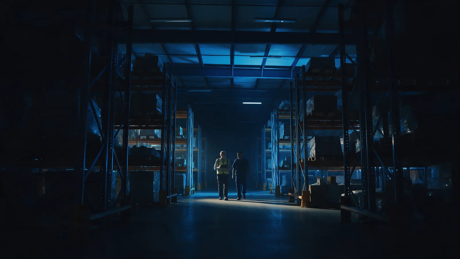 Como vender para grandes empresas e passar na homologação 3 Auditor e profissional de fábrica caminhando entre porta-paletes em galpão com iluminação azul